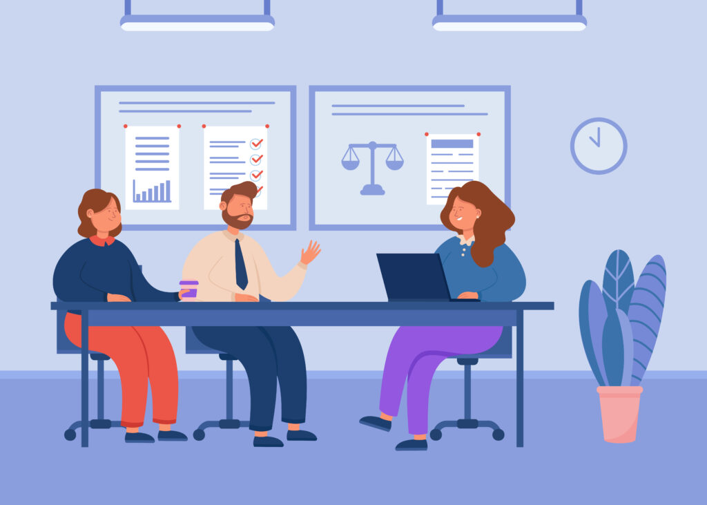 Legal advice from lawyer to clients about divorce. Female financial adviser discussing contract on meeting with couple of man and woman flat vector illustration. Consultation of attorney concept